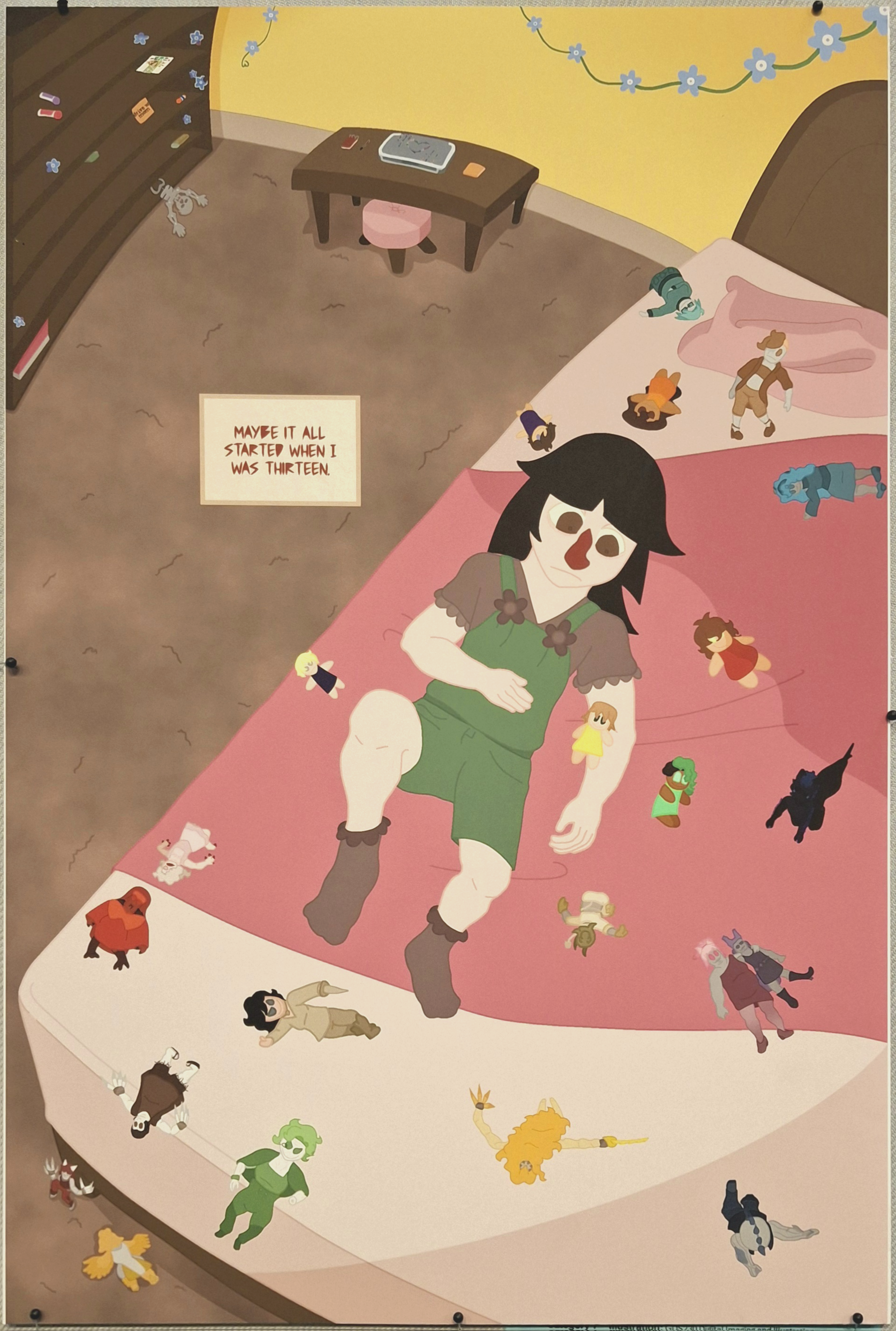 
Jane lays on her pink bed surrounded with plushes and dolls, of which are a myriad of my other characters, and looks to the one in the crook of her elbow. Jane's room has brown carpet and yellow walls, there is also a sparse bookshelf with trinkets on them- There is also a paper skeleton on the bottom shelf resting partially on the floor and scratched up forget-me-not stickers with bits of dry-erase marker on them. Jane has a small computer desk with a small pink stool underneath. Jane decorated the computer by sticking small gems to the top in a heart shape. Jane wears green overals, a short-sleeve shirt with frills on the collar, and socks to match. Her hair stops at her shoulders.
